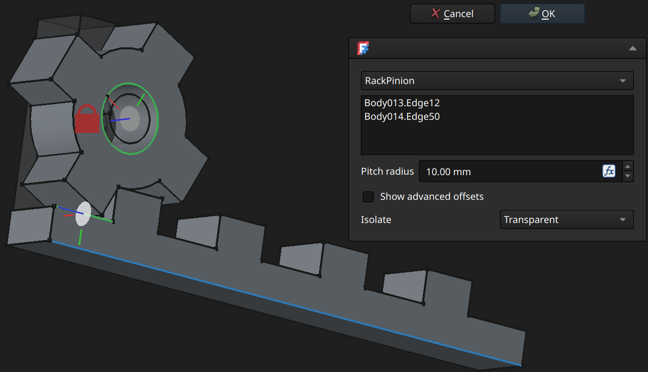 FreeCAD Assembly workbench rack and pinion joint example